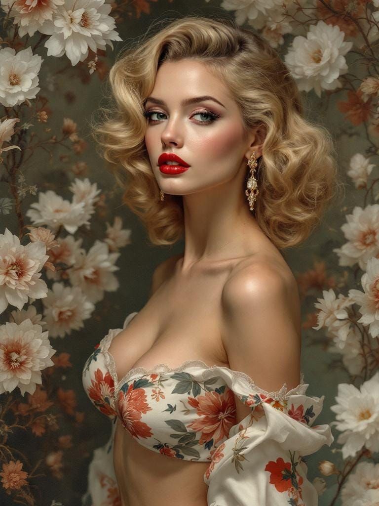 Blonde Woman Portrait with Porcelain Patterns in Classic Sty...