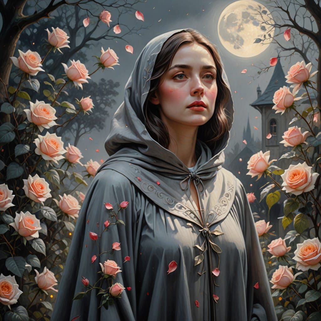 Solemn Lady in Moonlit Garden of Dreams, Oil Painting