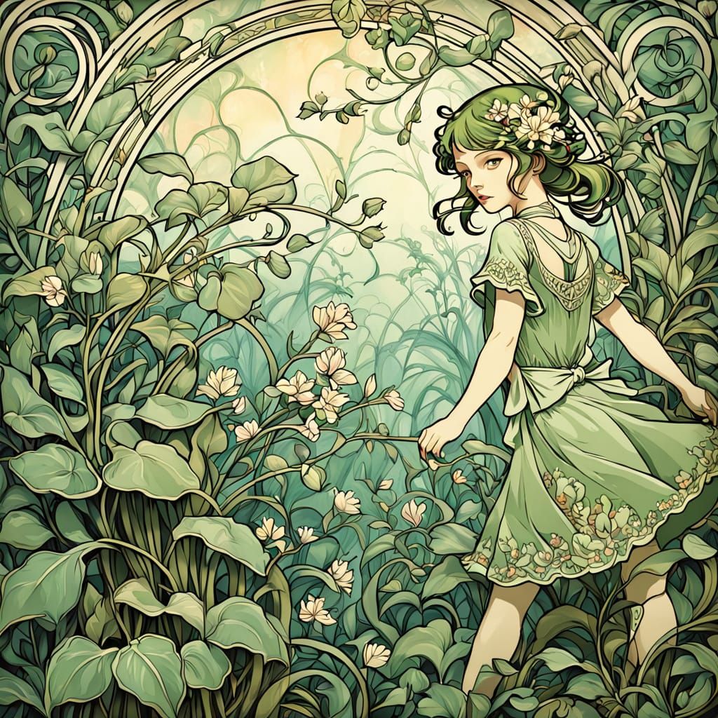 Art Nouveau Illustration of Girl Imitating Cat on Plant Wall