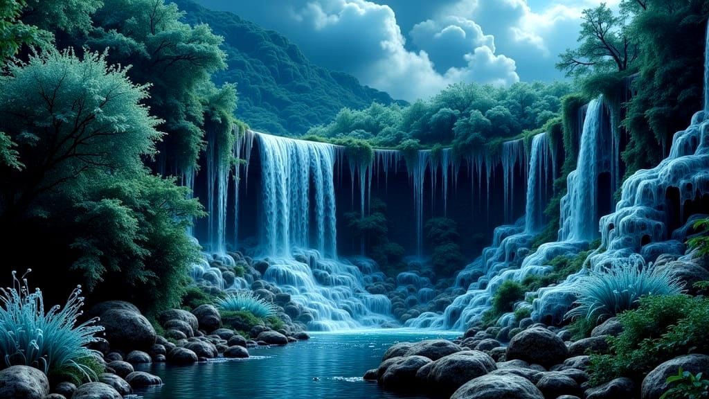 Enchanted Amethyst Waterfall in Majestic High Fantasy Landsc...