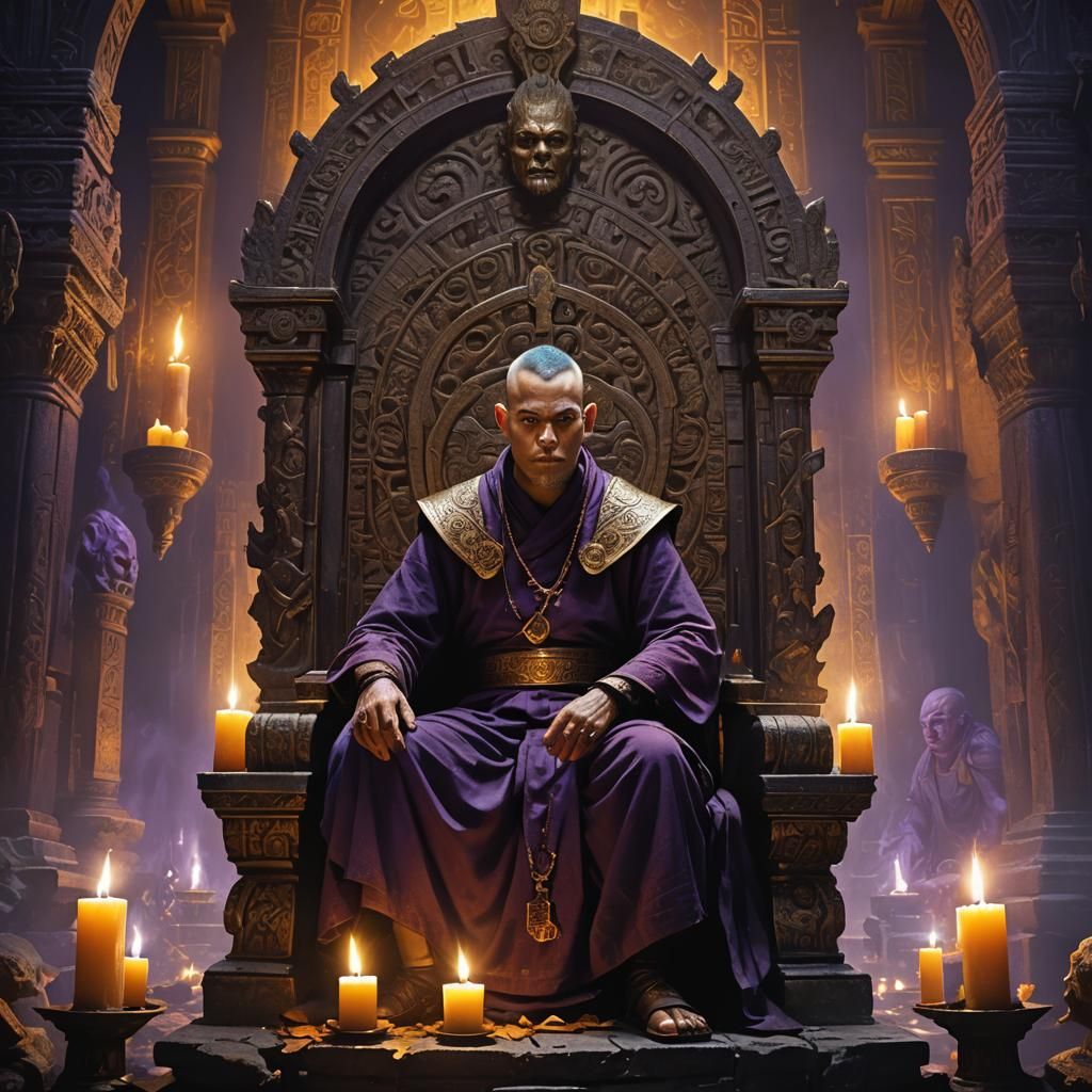 Monk with Mohawk on Ancient Throne in Dark Fantasy Art