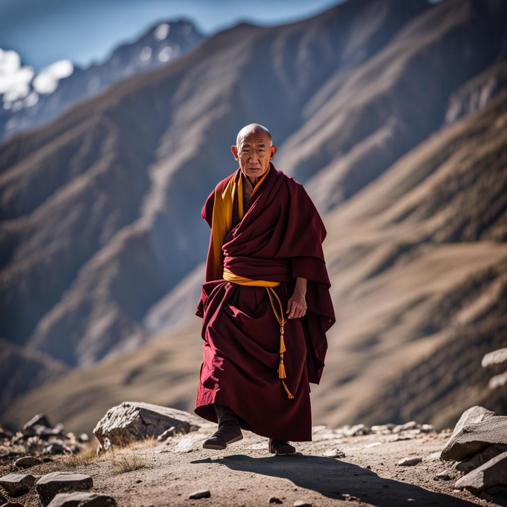 Tibetan Monk Meditating in the Mountains