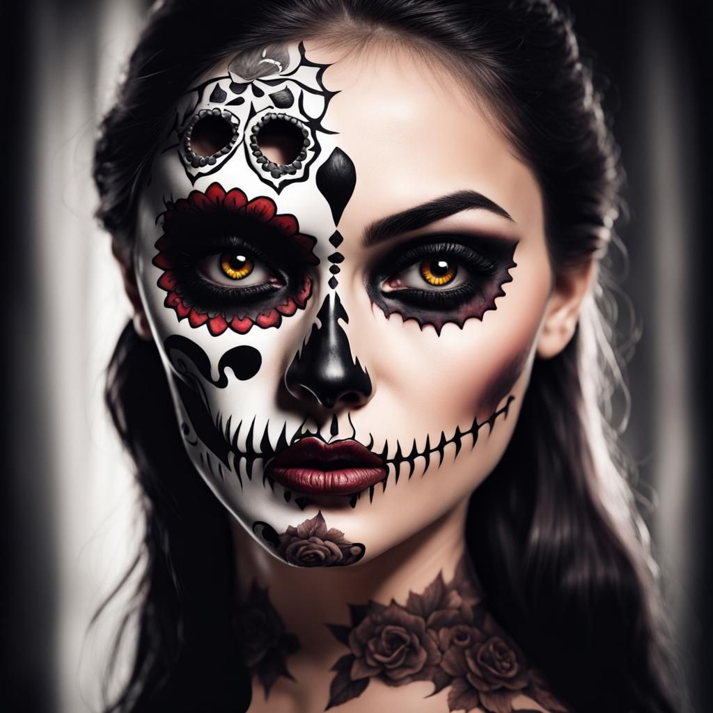 Surreal Horror: Woman and Sugar Skull Fusion