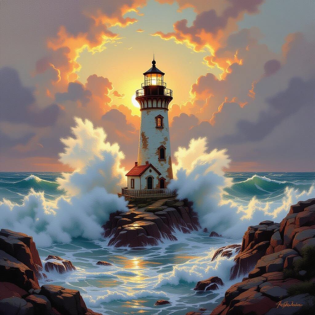 Stormy Seascape: Lighthouse in 90s Fantasy Style