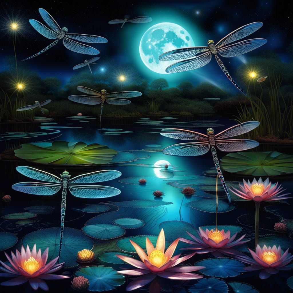 Bioluminescent Dragonflies Dance Under Moonlight