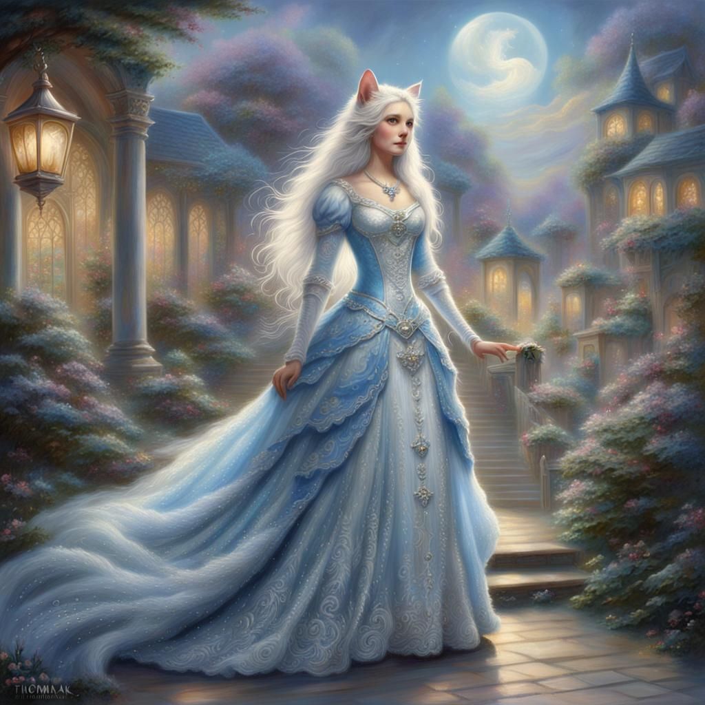 Ethereal Cat Woman in Silver Blue Fantasy Dress