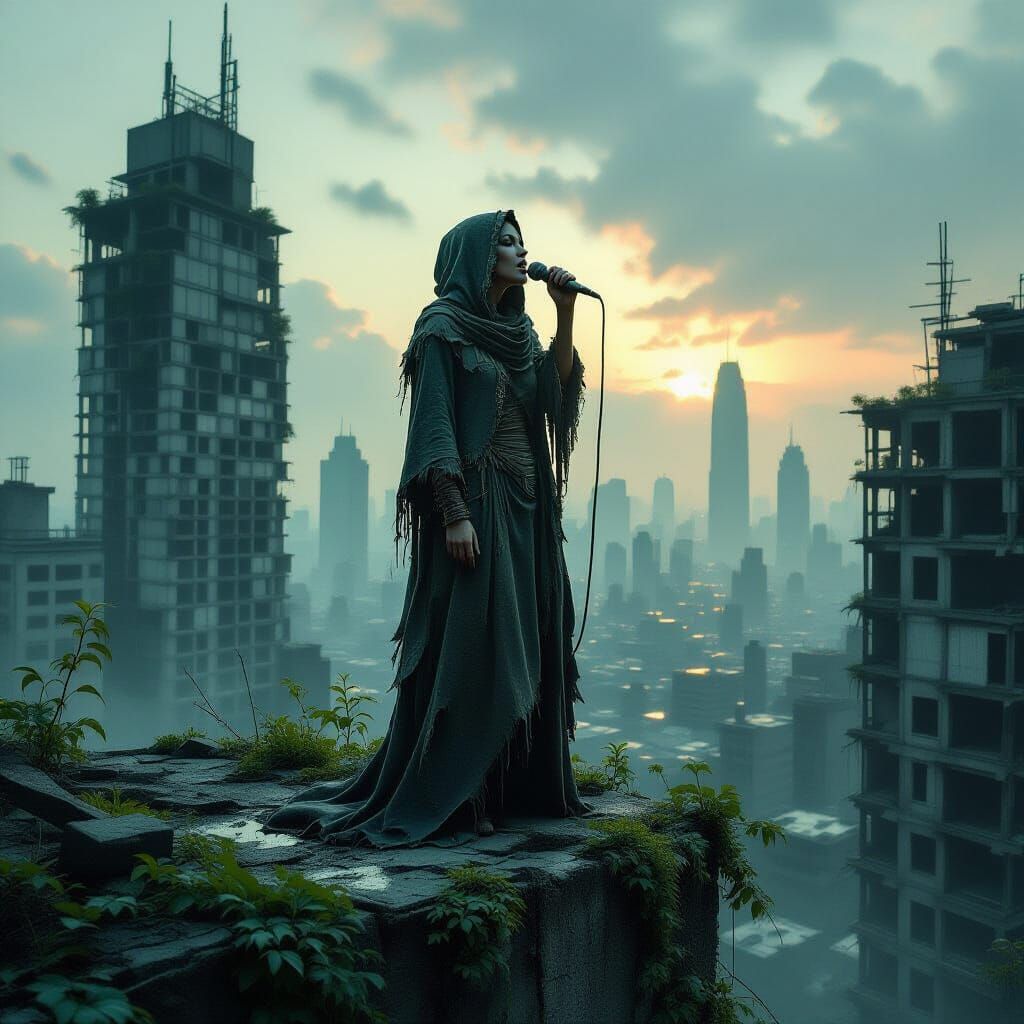 Post-Apocalyptic Singer on Skyscraper in Graffiti Surreal St...