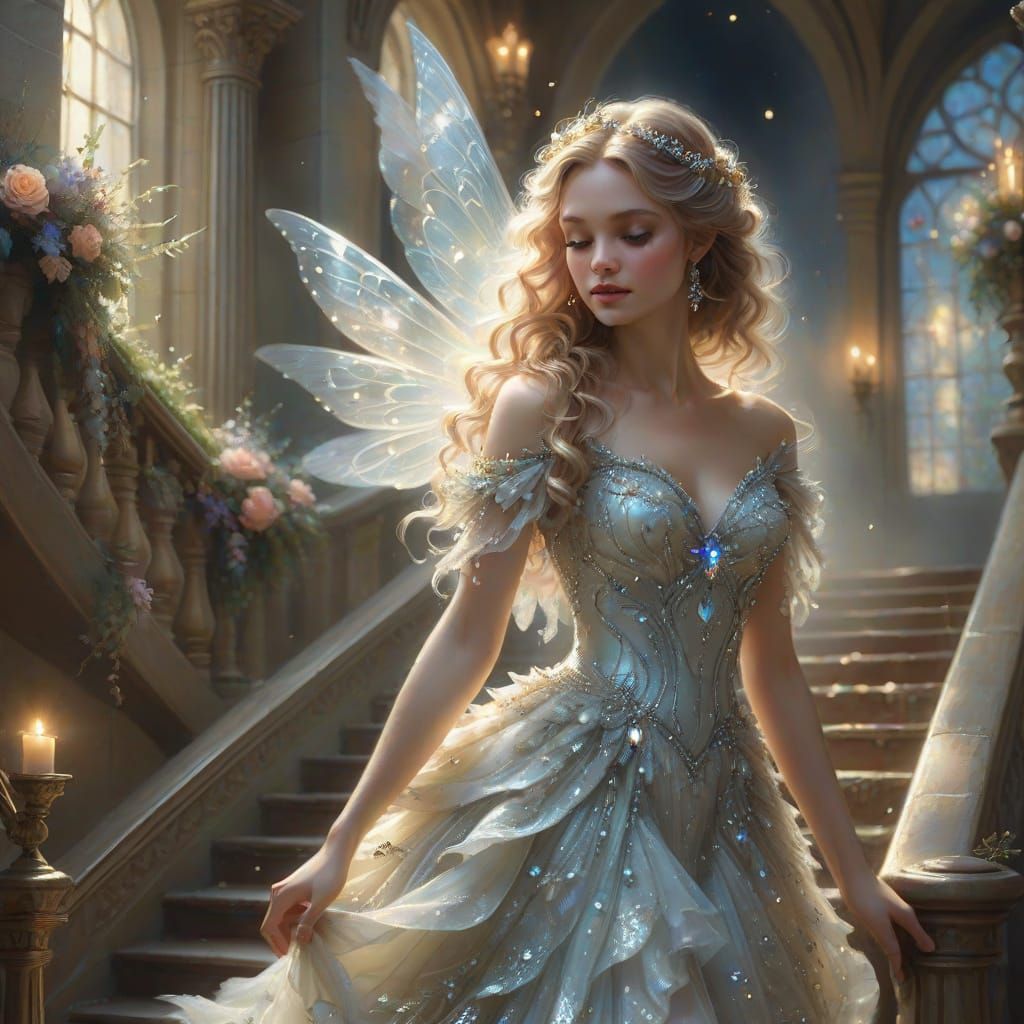 Ethereal Fairy Descends Staircase: Dreamy Oil Painting