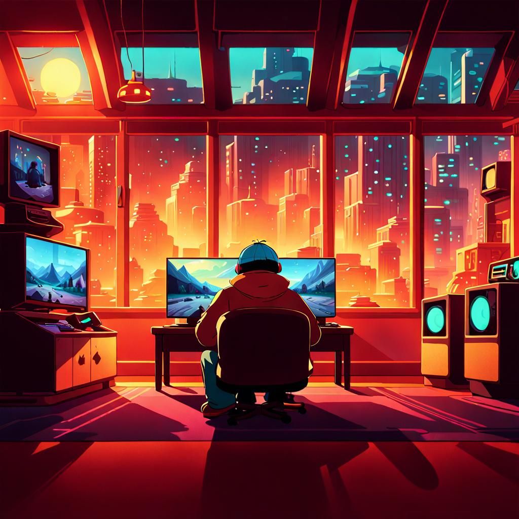 Eric Cartman Immersed in Futuristic Gaming, Matte Painting