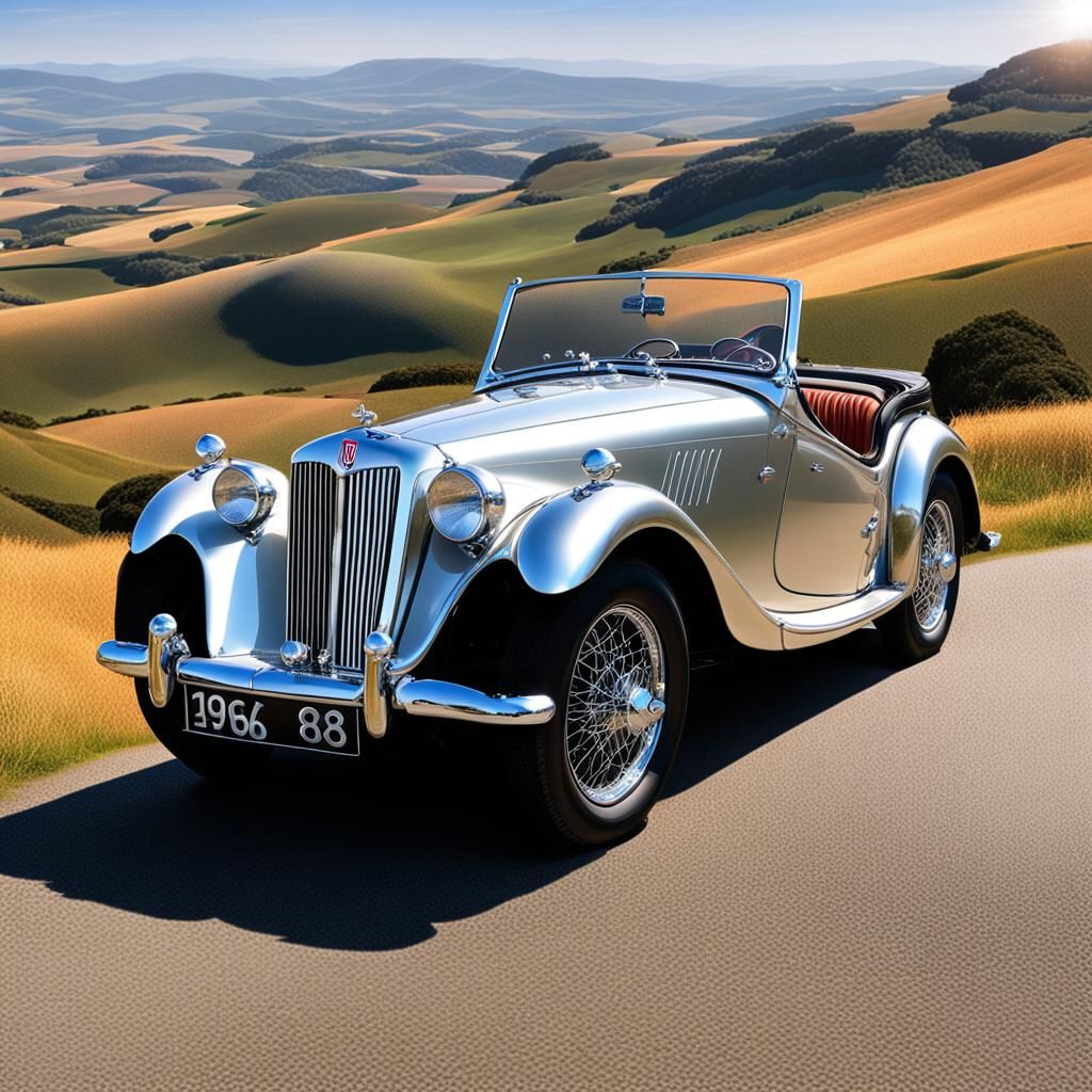 1968 MG in Silver Against Sunny Hillside