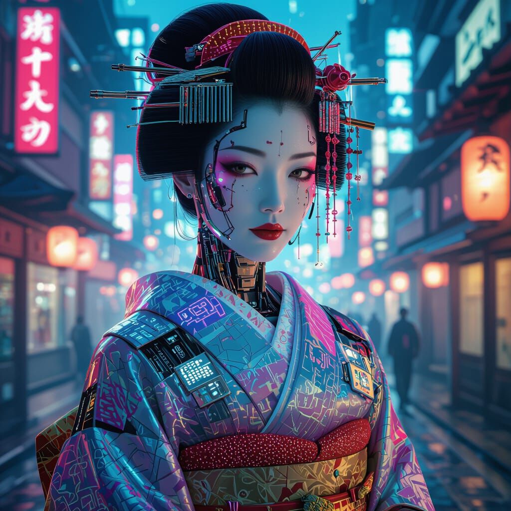 Cybernetic Geisha with Neon Accents in Cyberpunk Cityscape