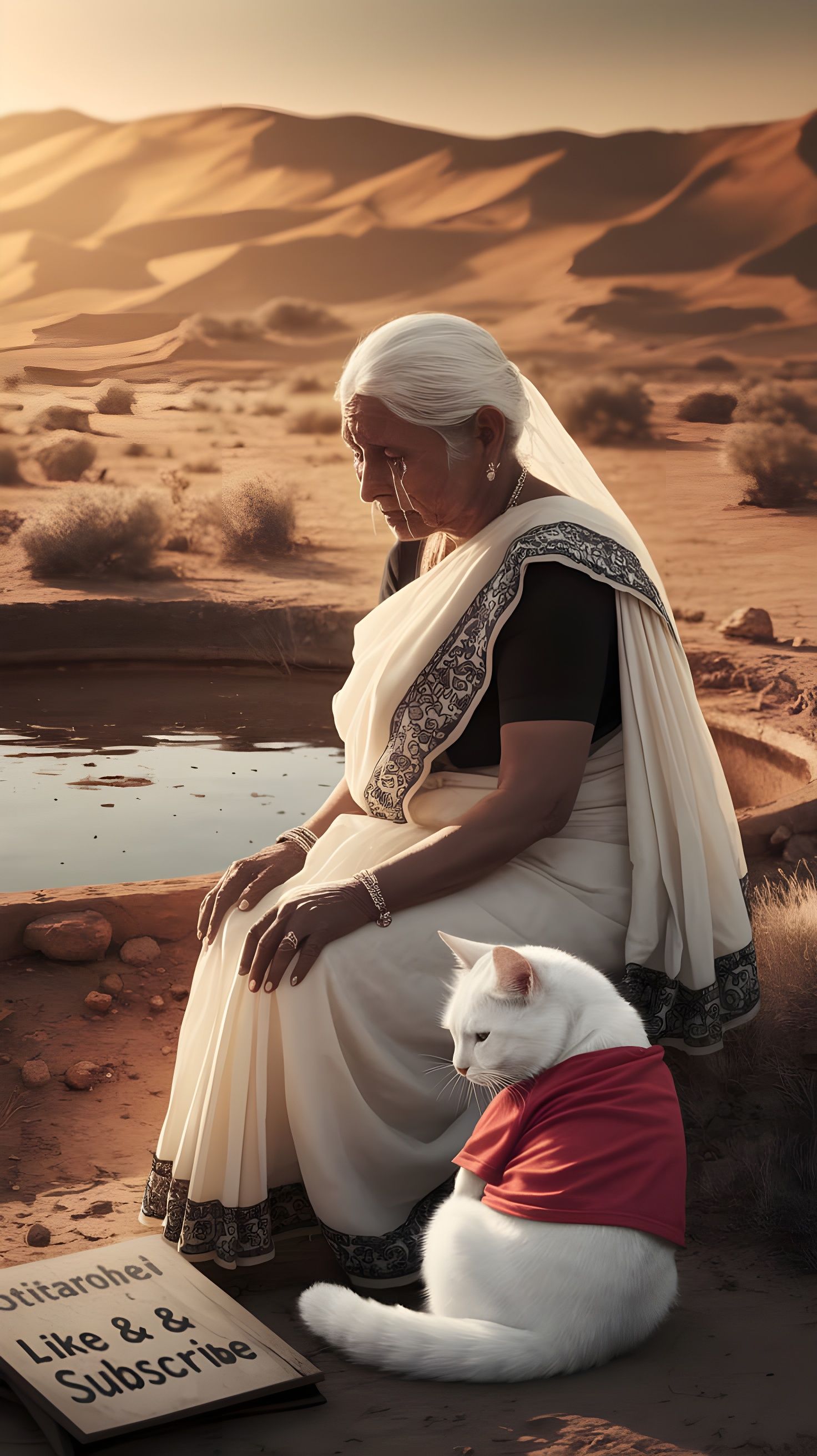 Elderly Indian Woman in Sorrowful Desert Landscape