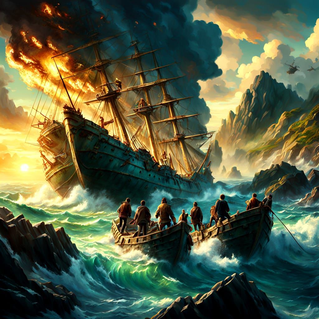 Adventurers Discover Shipwreck in Vibrant Oil Painting