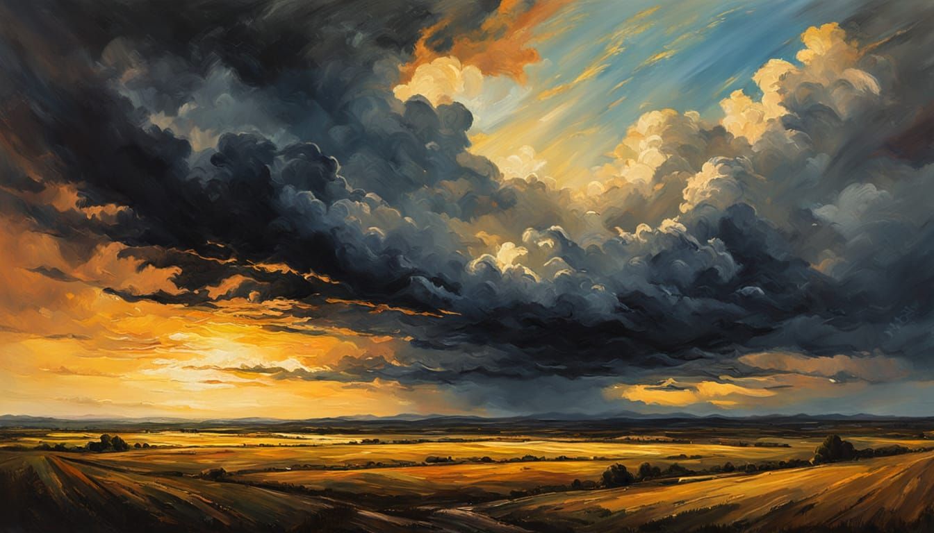 Dramatic Landscape Painting with Luminous Horizon