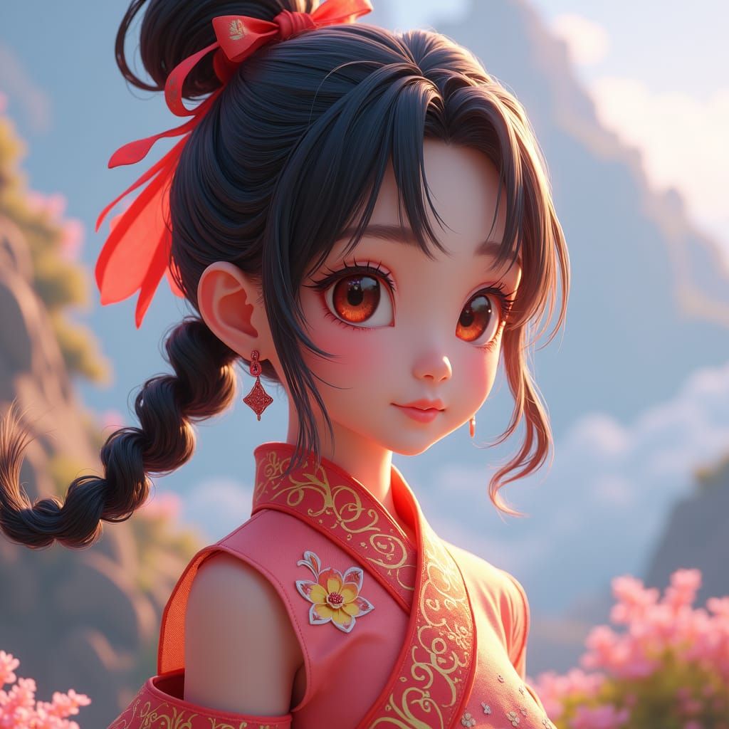 Anime Girl in 3D Style, Detailed Digital Art