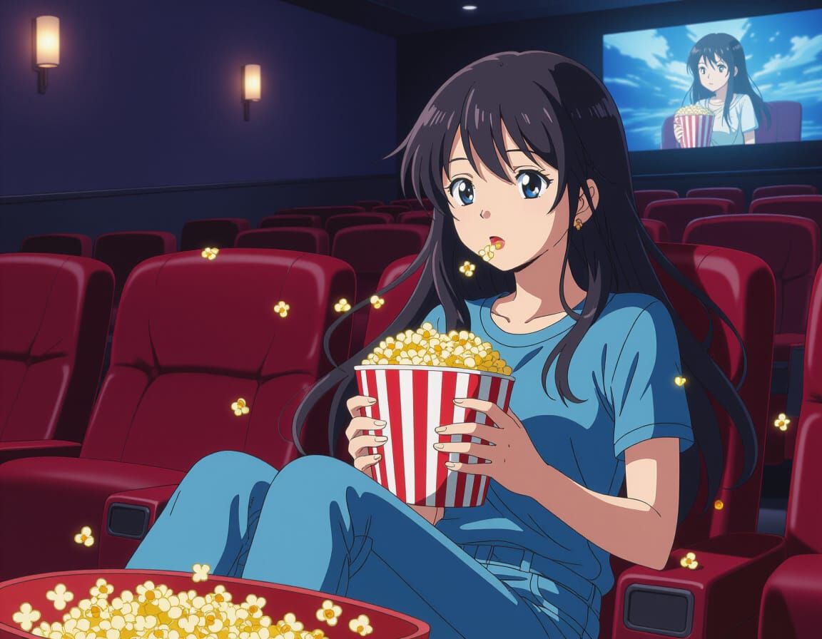 Anime Girl Enjoys Popcorn in Dimly Lit Cinema