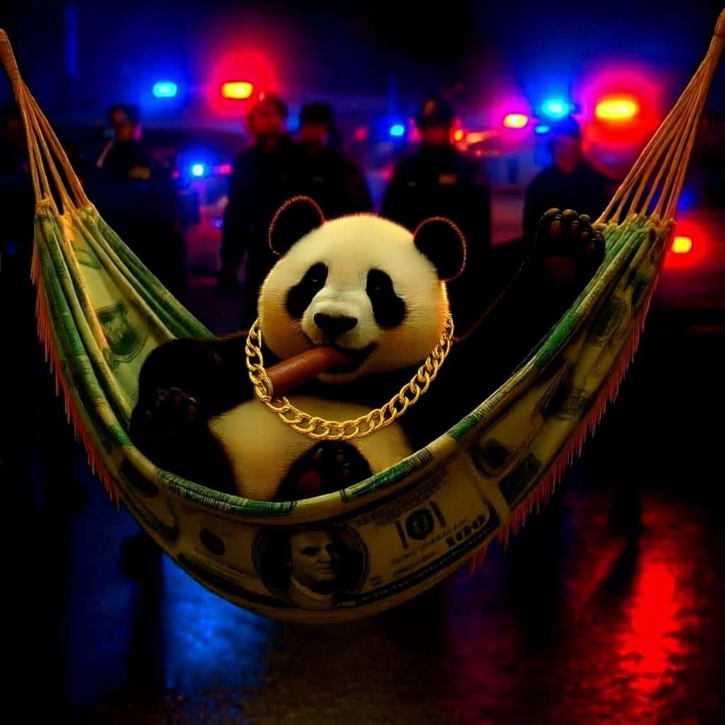 Panda Stretching in Hammock at Sunrise