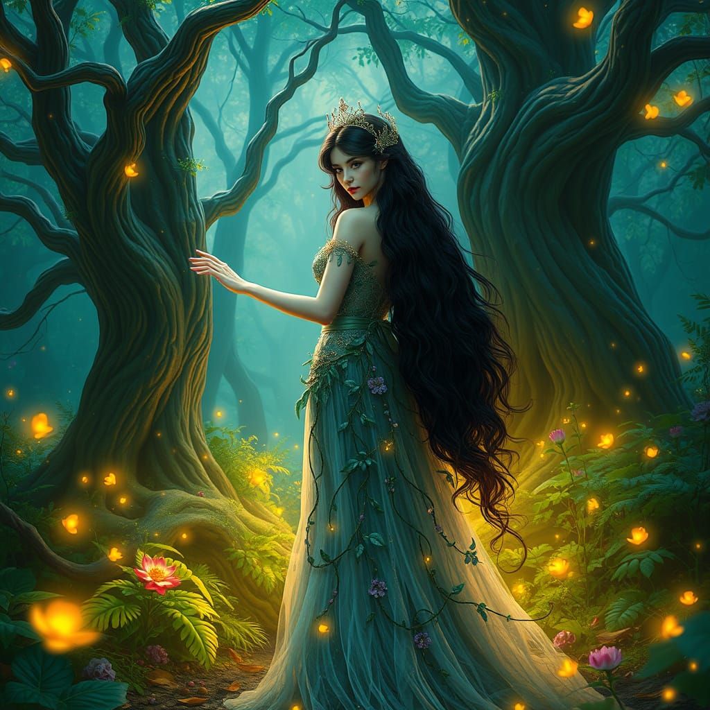 Mystical Forest Goddess in Resplendent Vines and Flowers