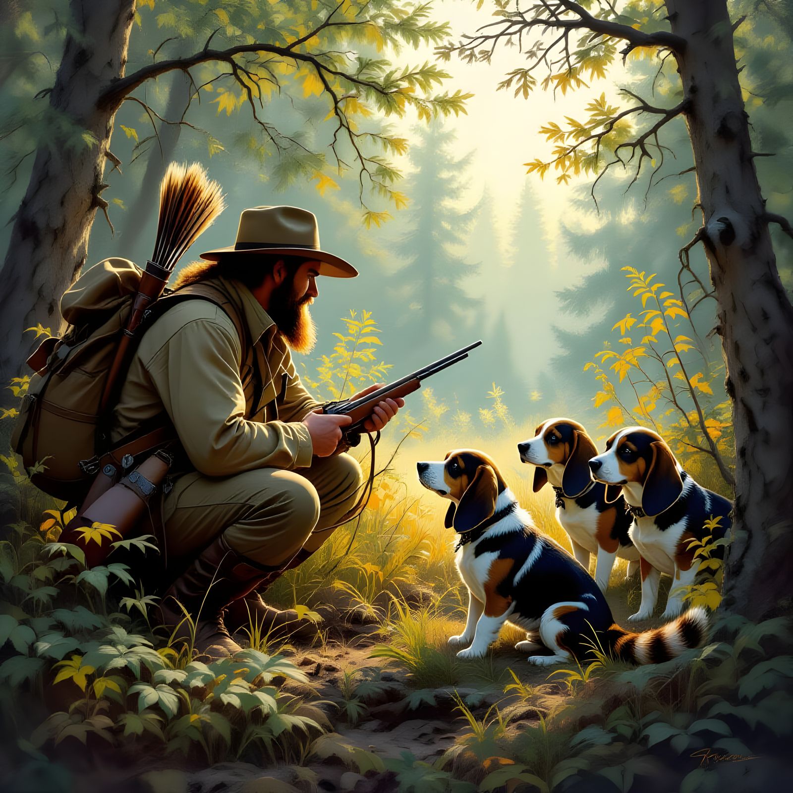 Hunter and Basset Hounds Cornering Raccoon in Forest