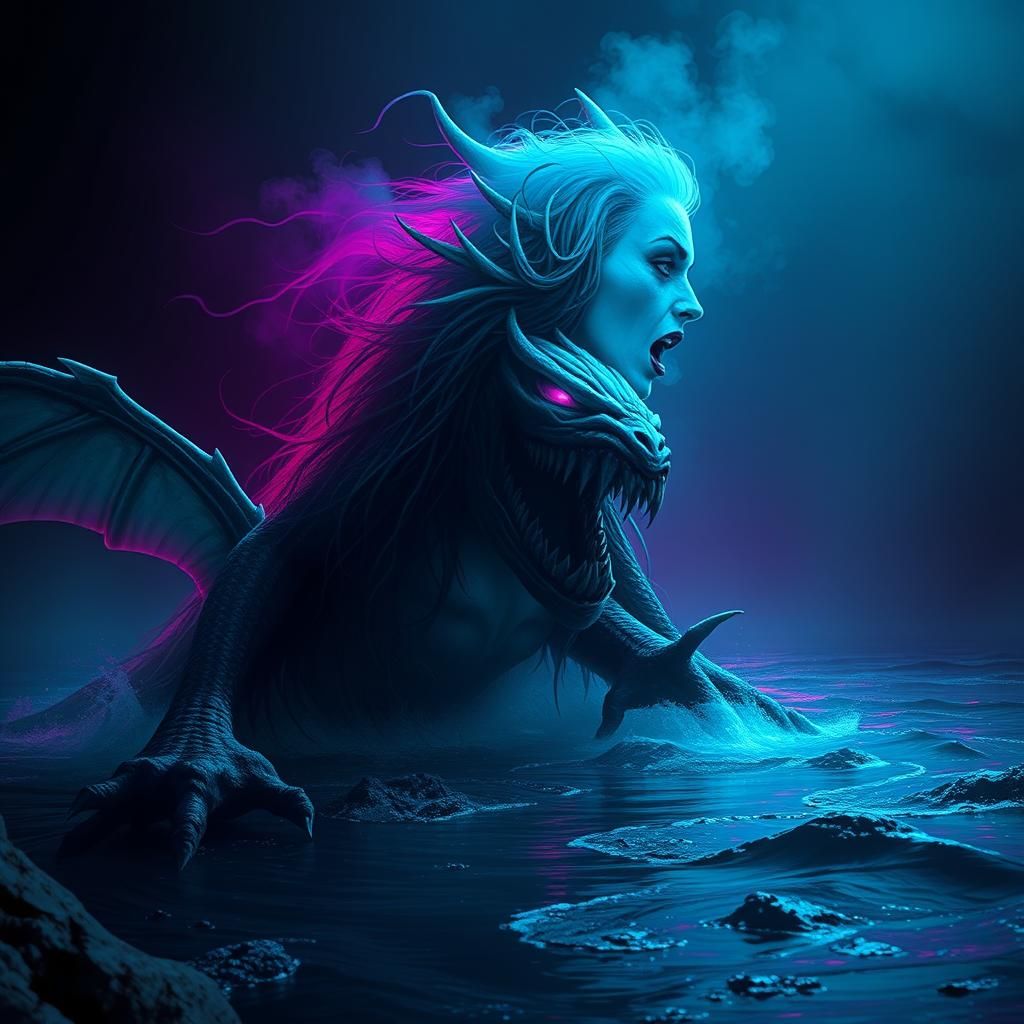 Terrifying Yurei Mermaid Shrieking on Dark Shore