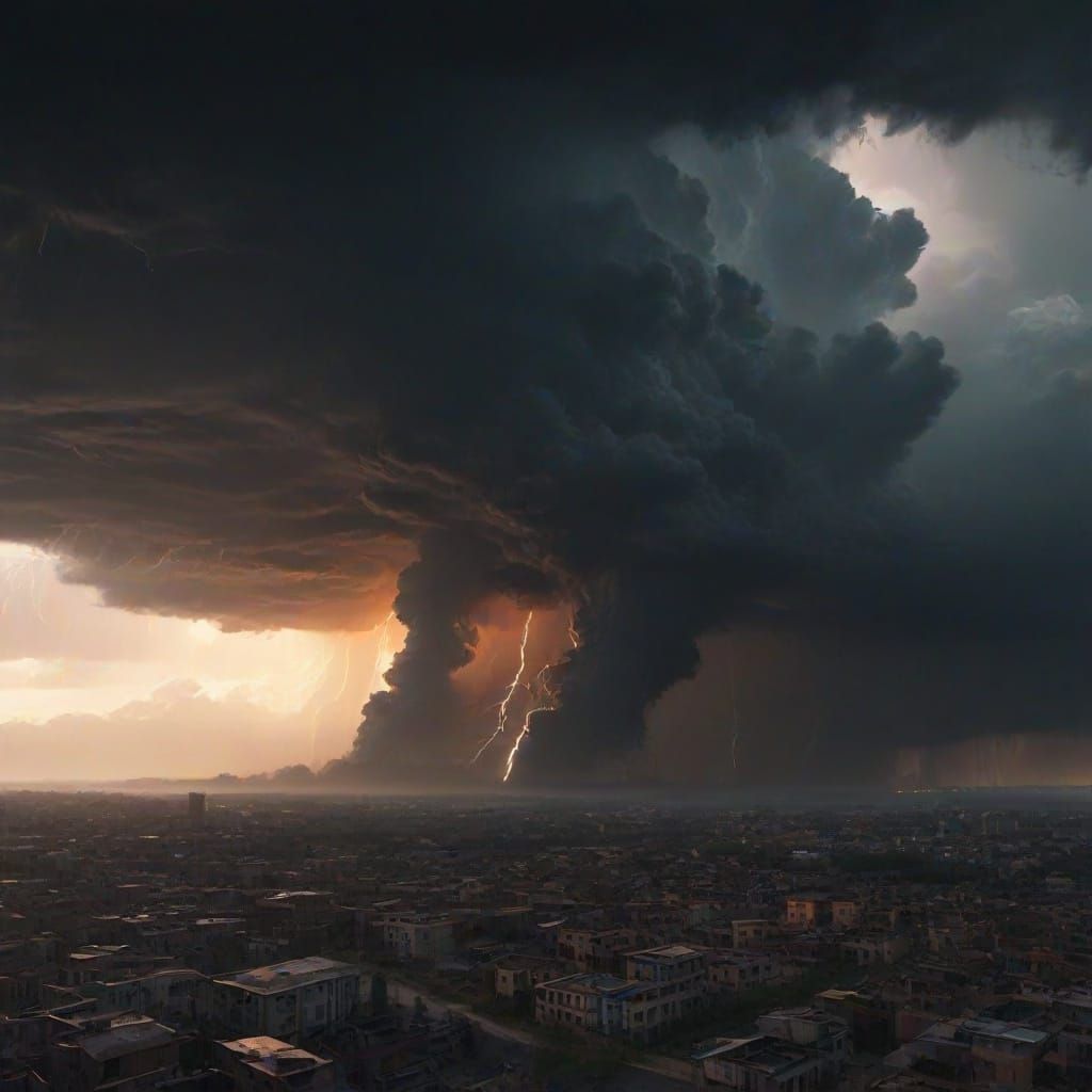 Apocalyptic Supercell Thunderstorm Over Ruined City