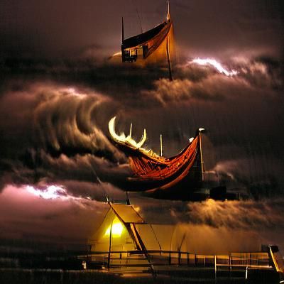 Viking Ship on Stormy Seas at Night