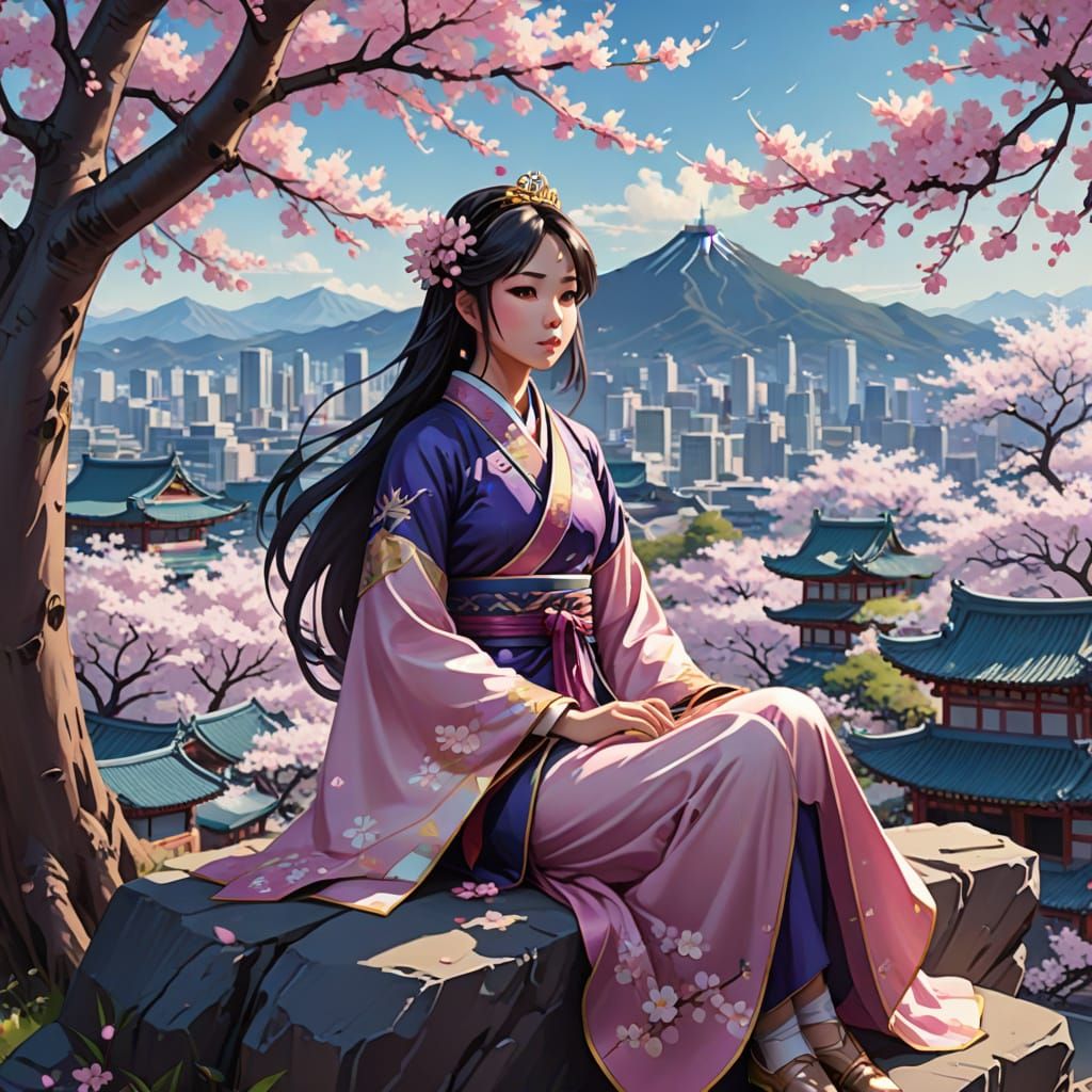 Chinese Princess in Vibrant Cherry Blossom Wonderland