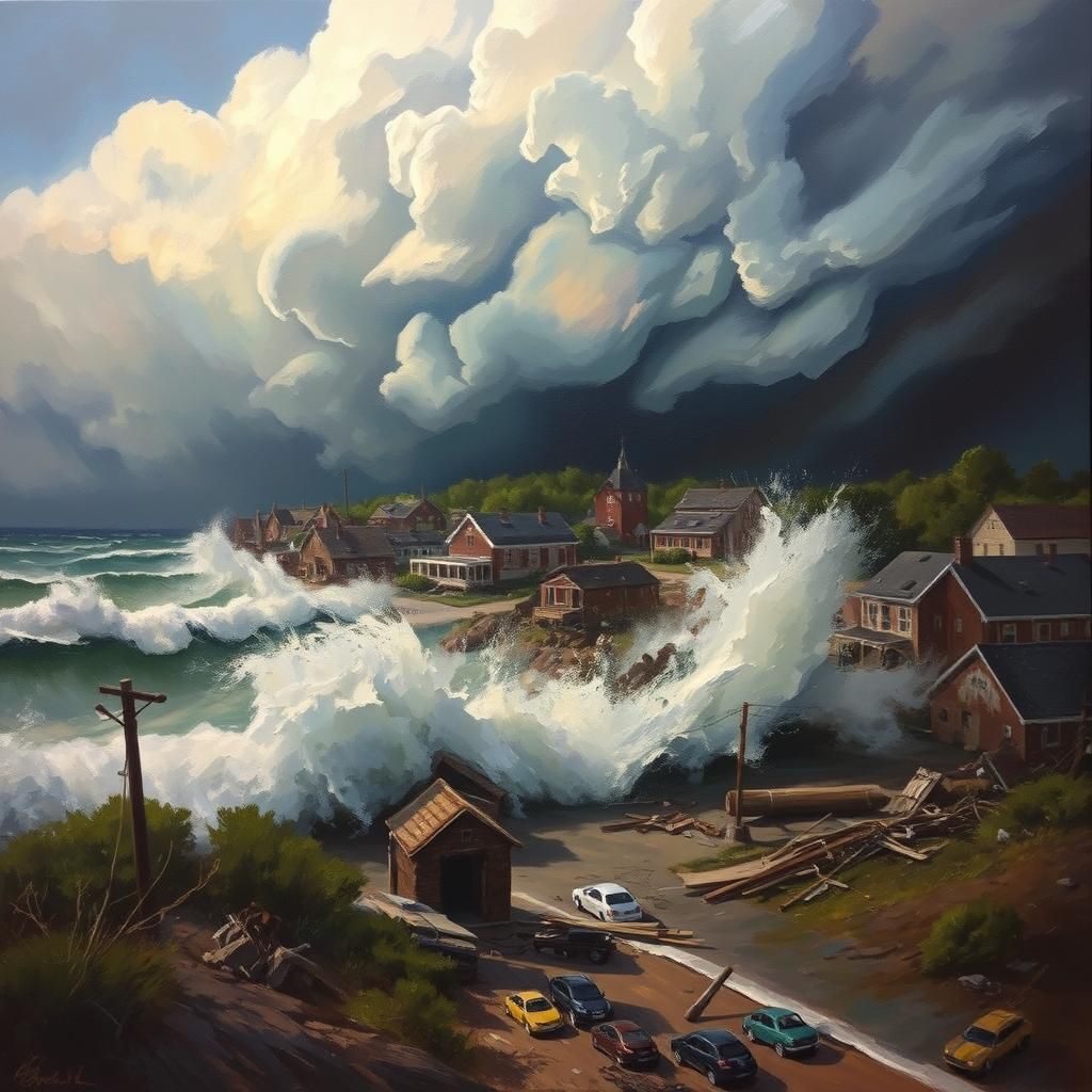 Storm Threatens Town: Illustrative Realism Painting