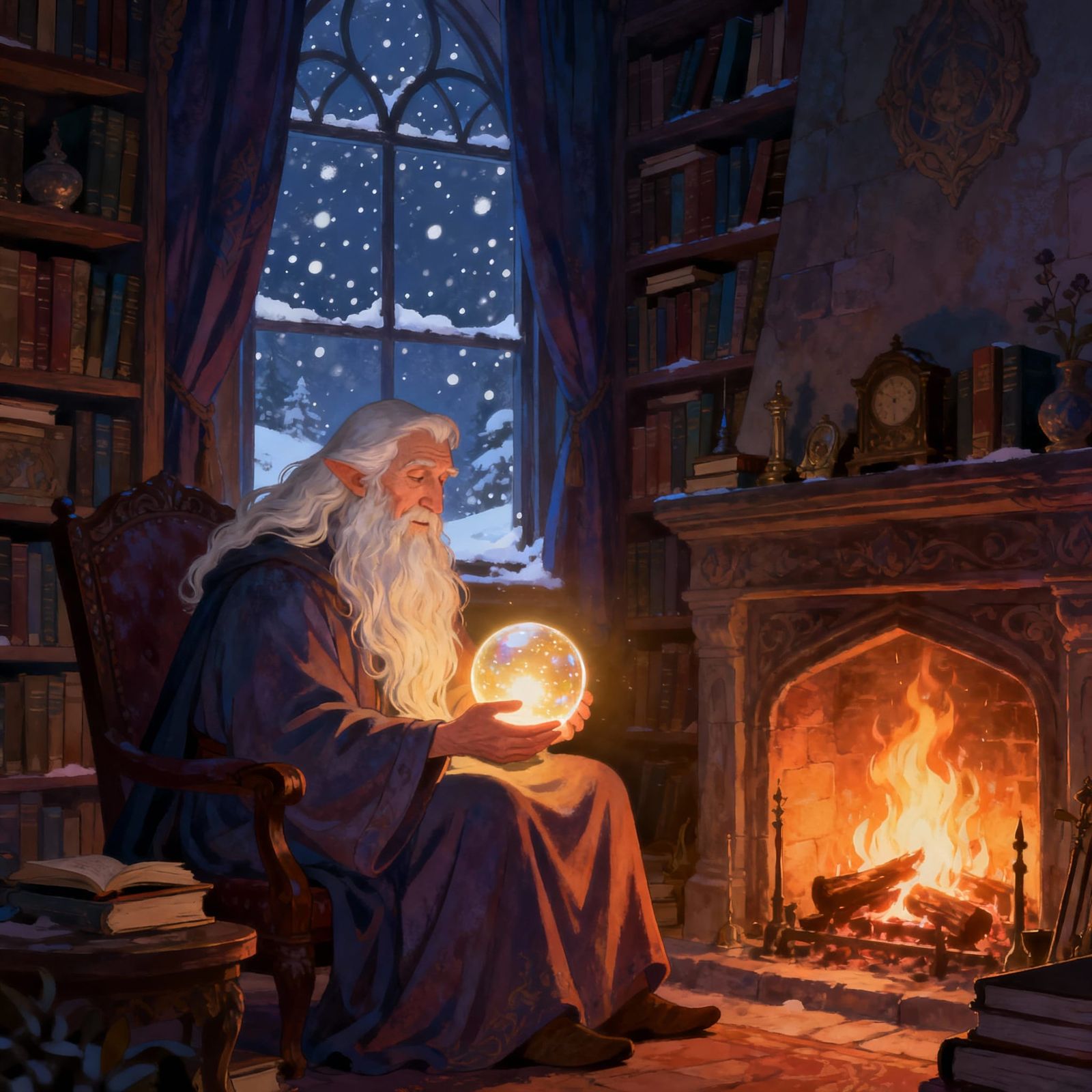 Elderly Wizard by Fireplace in Cozy Study