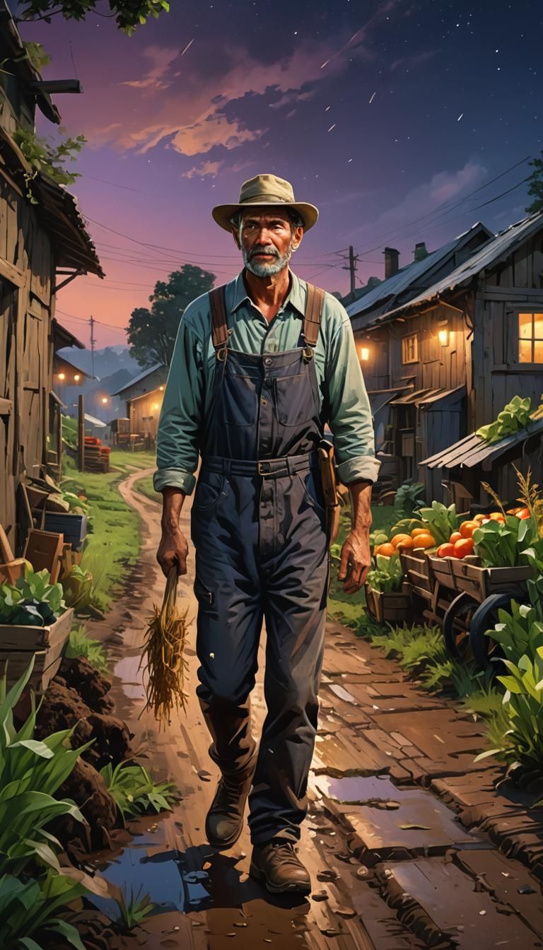 Nighttime Village Scene in Hyperrealistic Splash Art