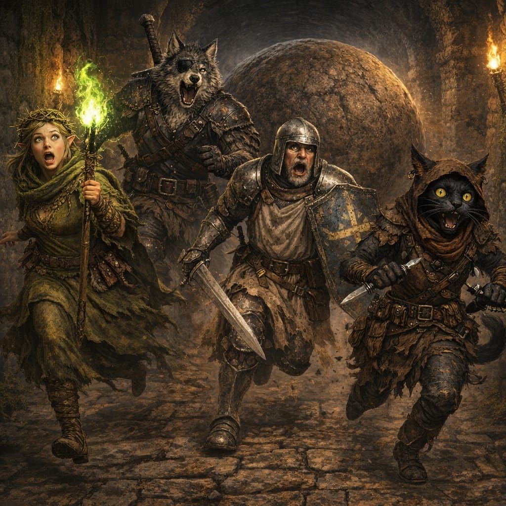 Dungeon Escape: Adventurers Flee Giant Boulder in Dark Corri...