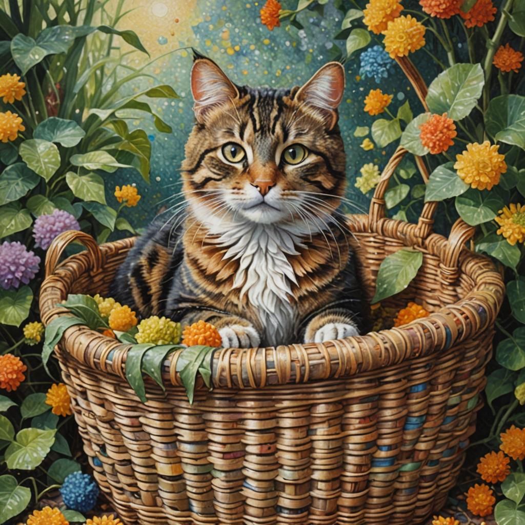 Cat in Basket as Pointillism Masterpiece