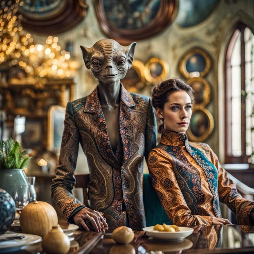 Surreal Alien Restaurant Celebration in Magical Realism