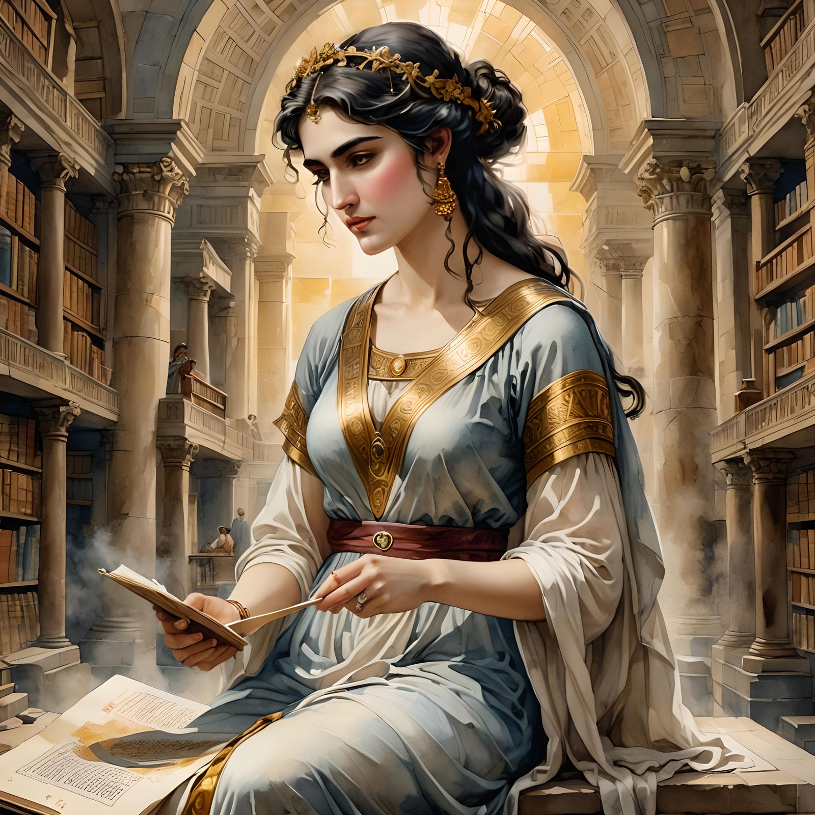 Hypatia works on a scroll in Library of Alexandria
