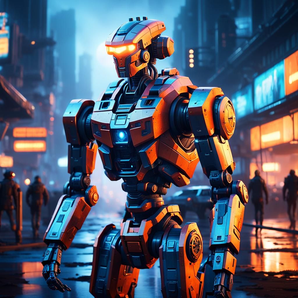 Futuristic Mech in Misty, Orange-Lit Evening