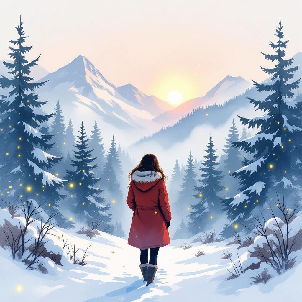 Woman in Winter Forest: Surreal Watercolor Painting