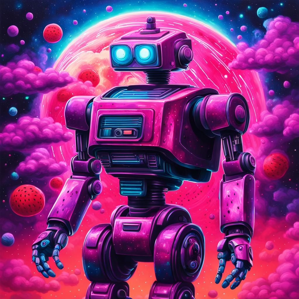 Watermelon Robot Street Art in Sci-Fi Galaxy