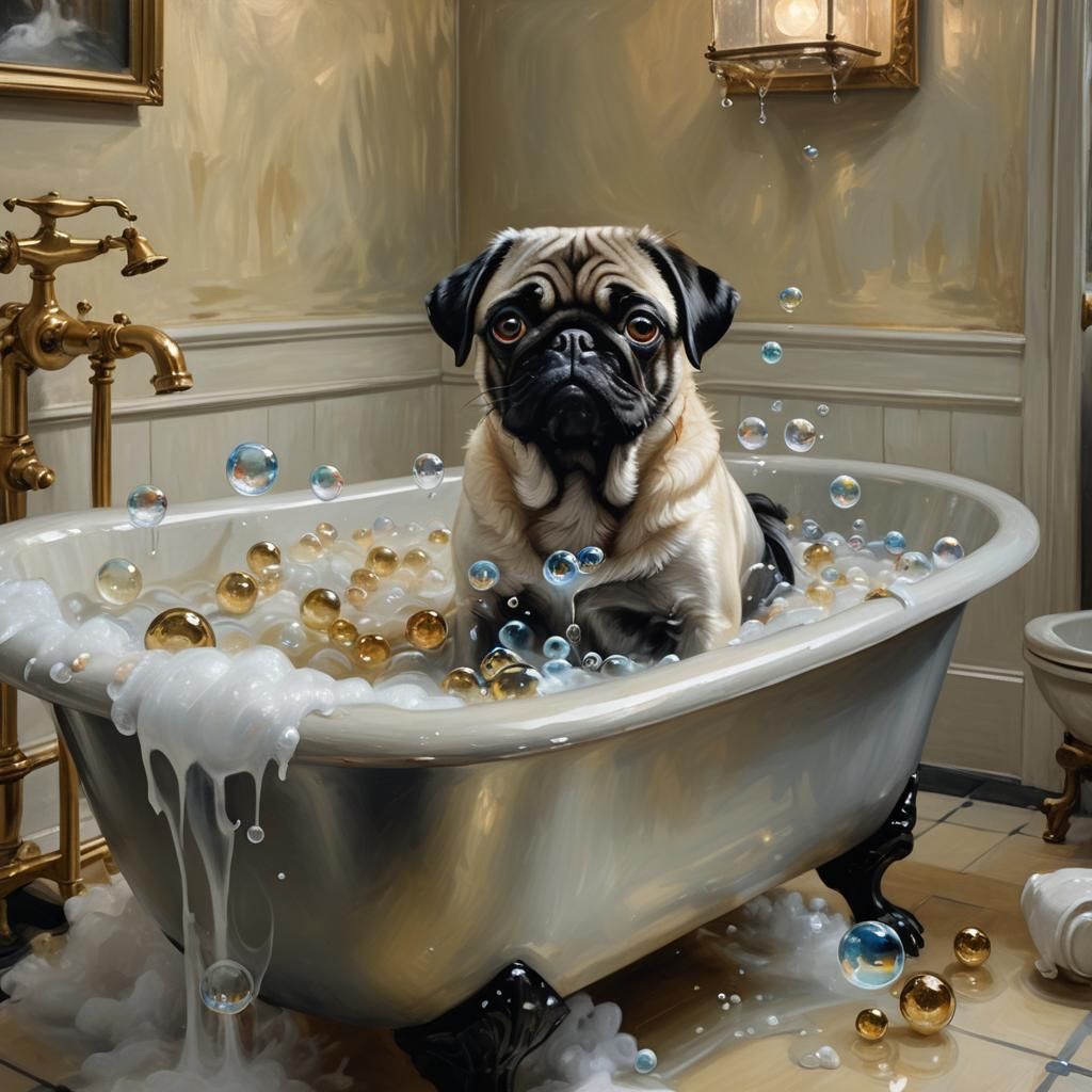 Ghost and Pug in Clawfoot Tub: Victorian Oil Painting