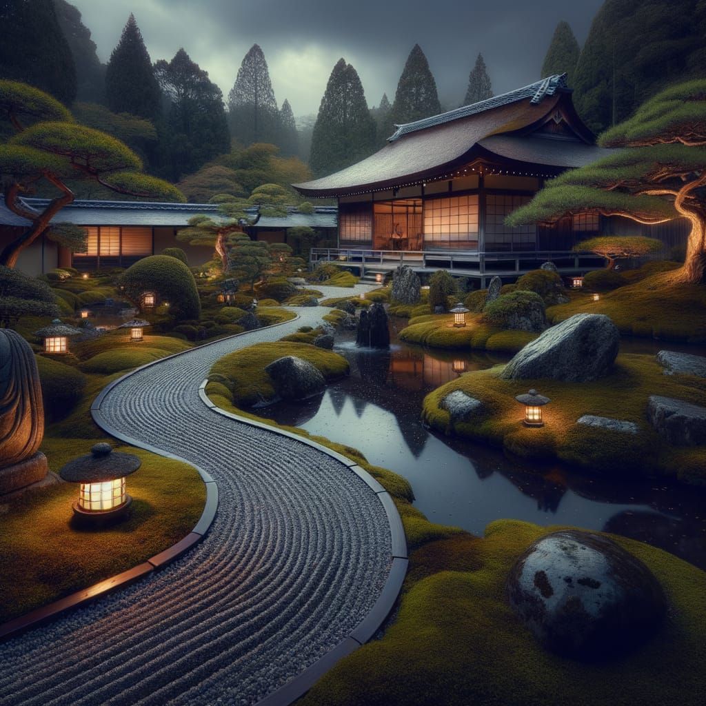 Tranquil Japanese Zen Garden at Twilight