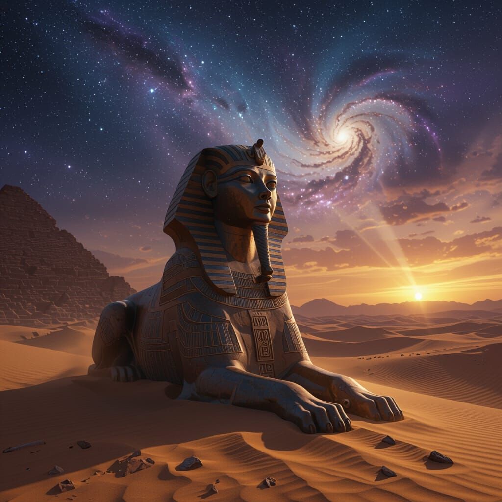 Ancient Sphinx Guards Desert Oasis Under Cosmic Twilight