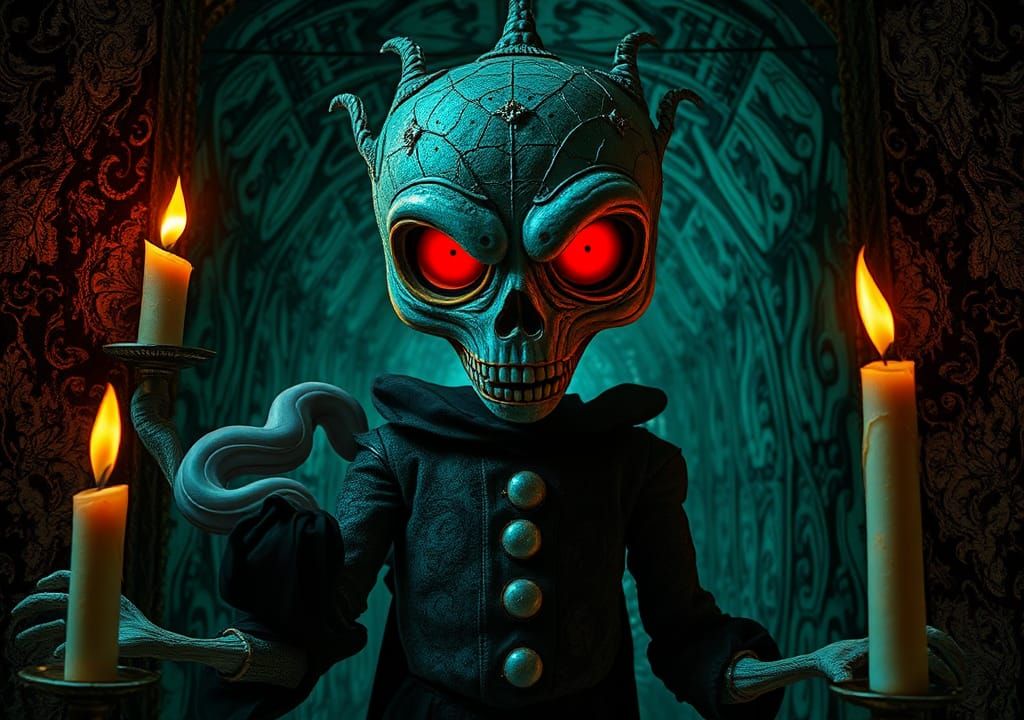 Creepy Patchwork Creature with Glowing Eyes