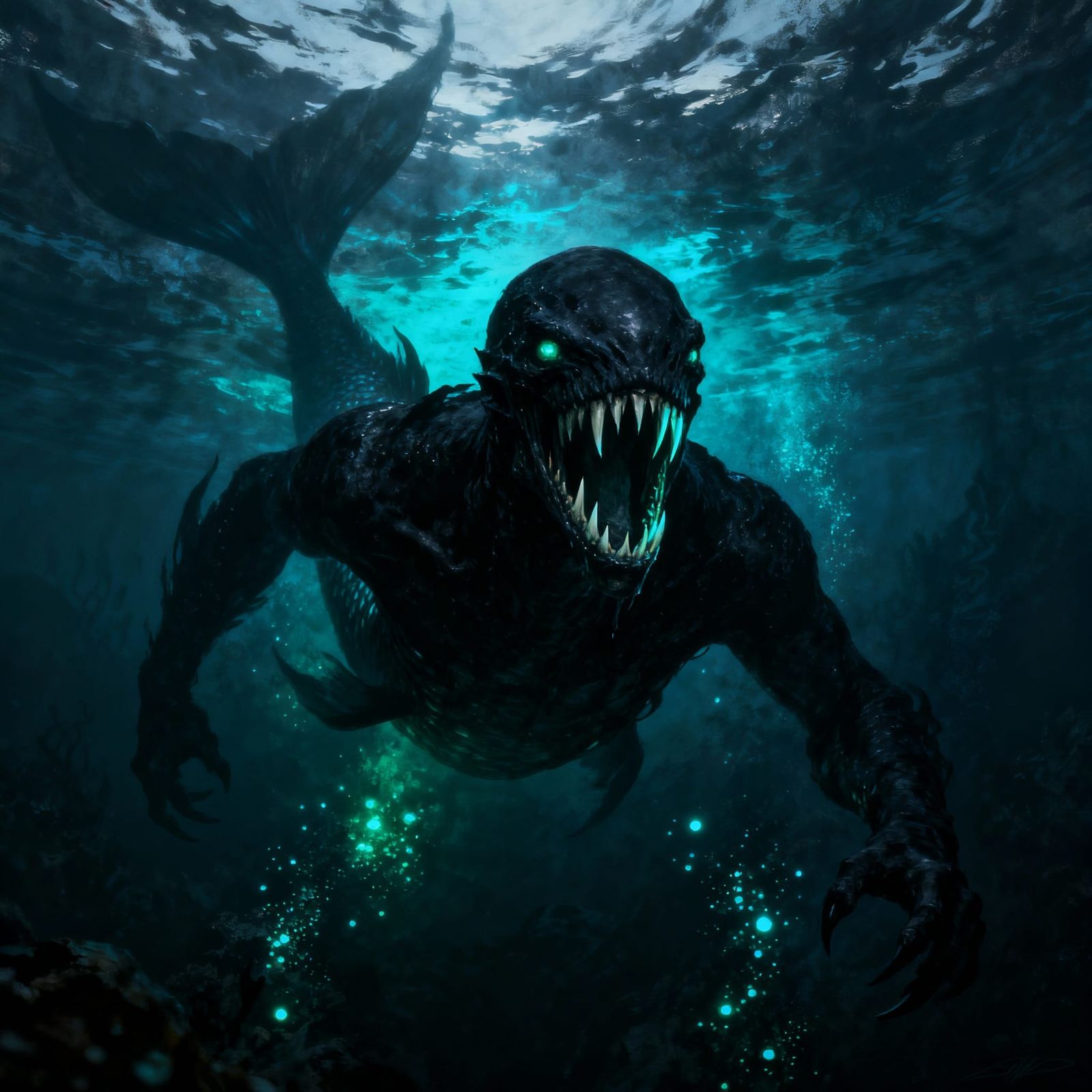 Terrifying Black Mermaid with Sharp Teeth in Dark Ocean