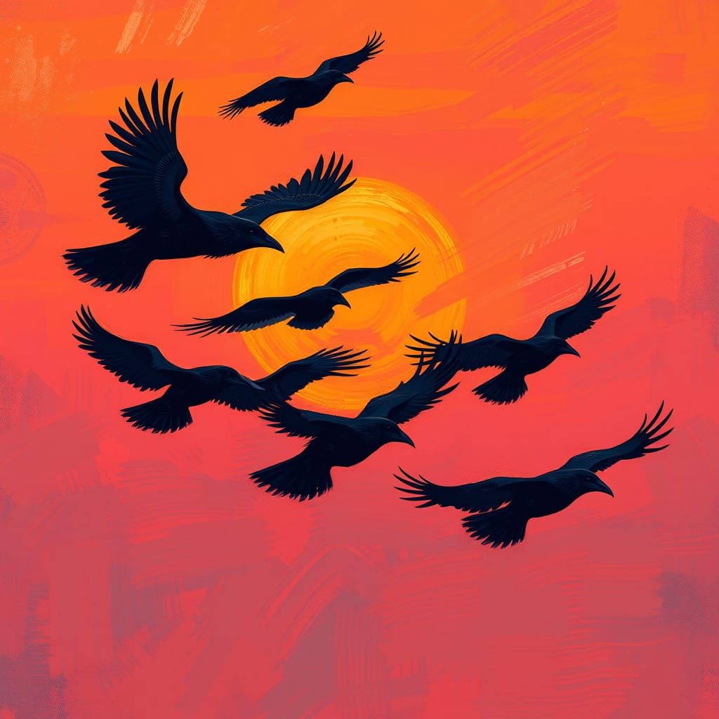 Ravens Soaring at Sunset: An Expressionist Silhouette