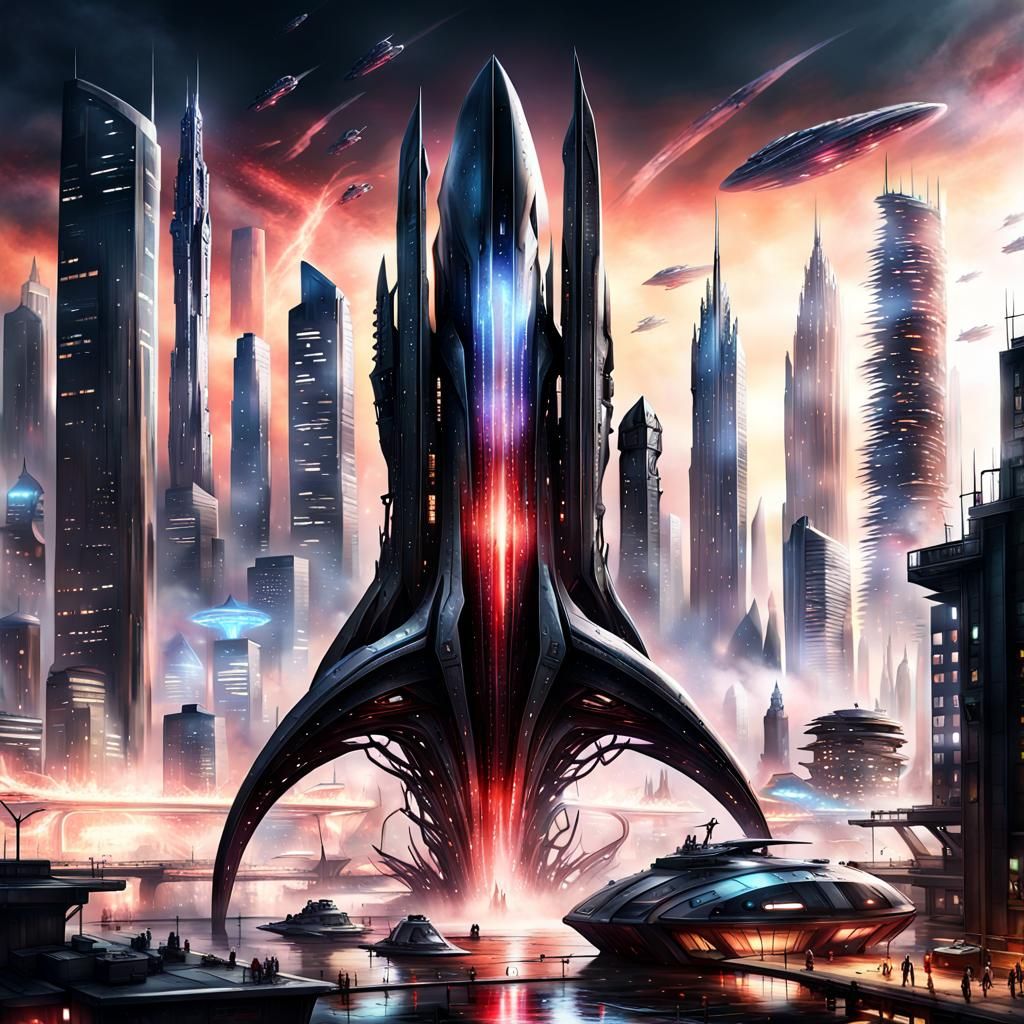 Futuristic City Attacked by Metallic Squid Starship