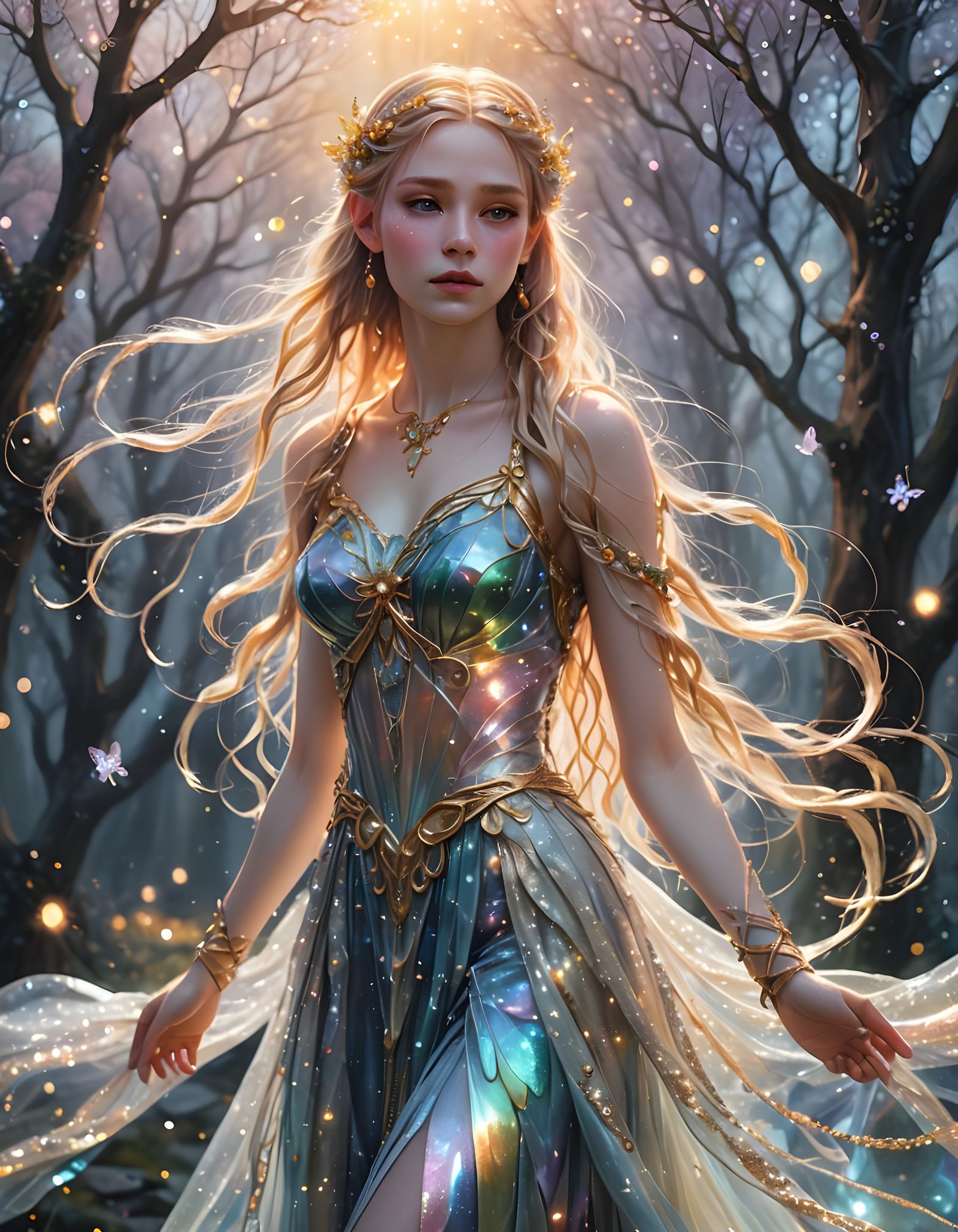Ethereal Fairy with Golden Braids in Fantasy Style