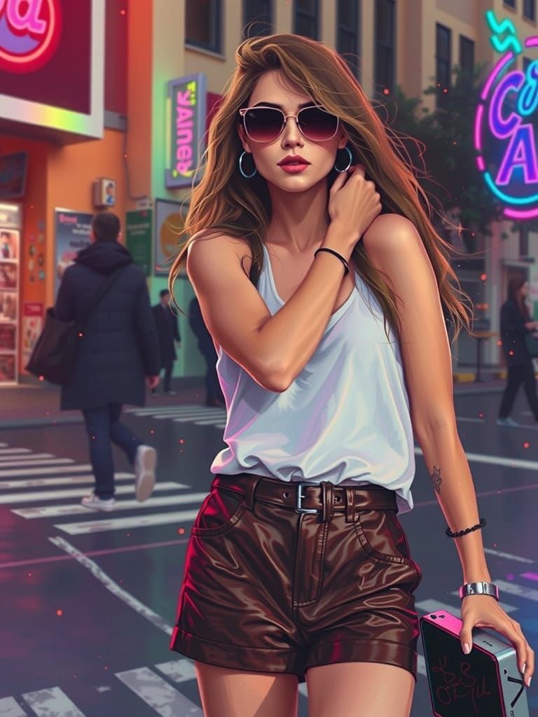 Pretty Woman in Street Scene With Neon Retro Style