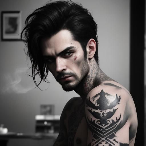 Man's Shock at Tattoo in Surrealist Smoky Parlor