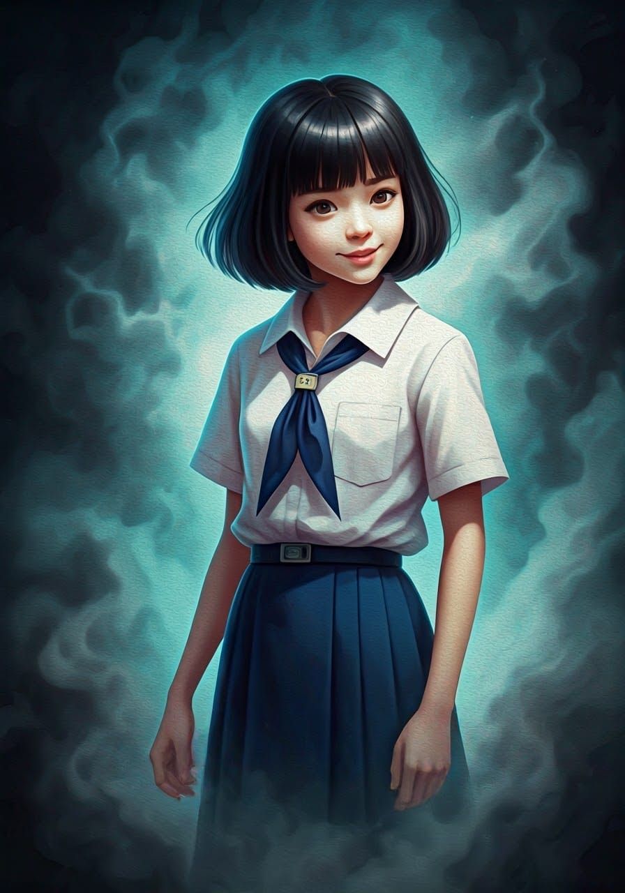 Ethereal Thai School Girl in Dreamlike Oil Painting