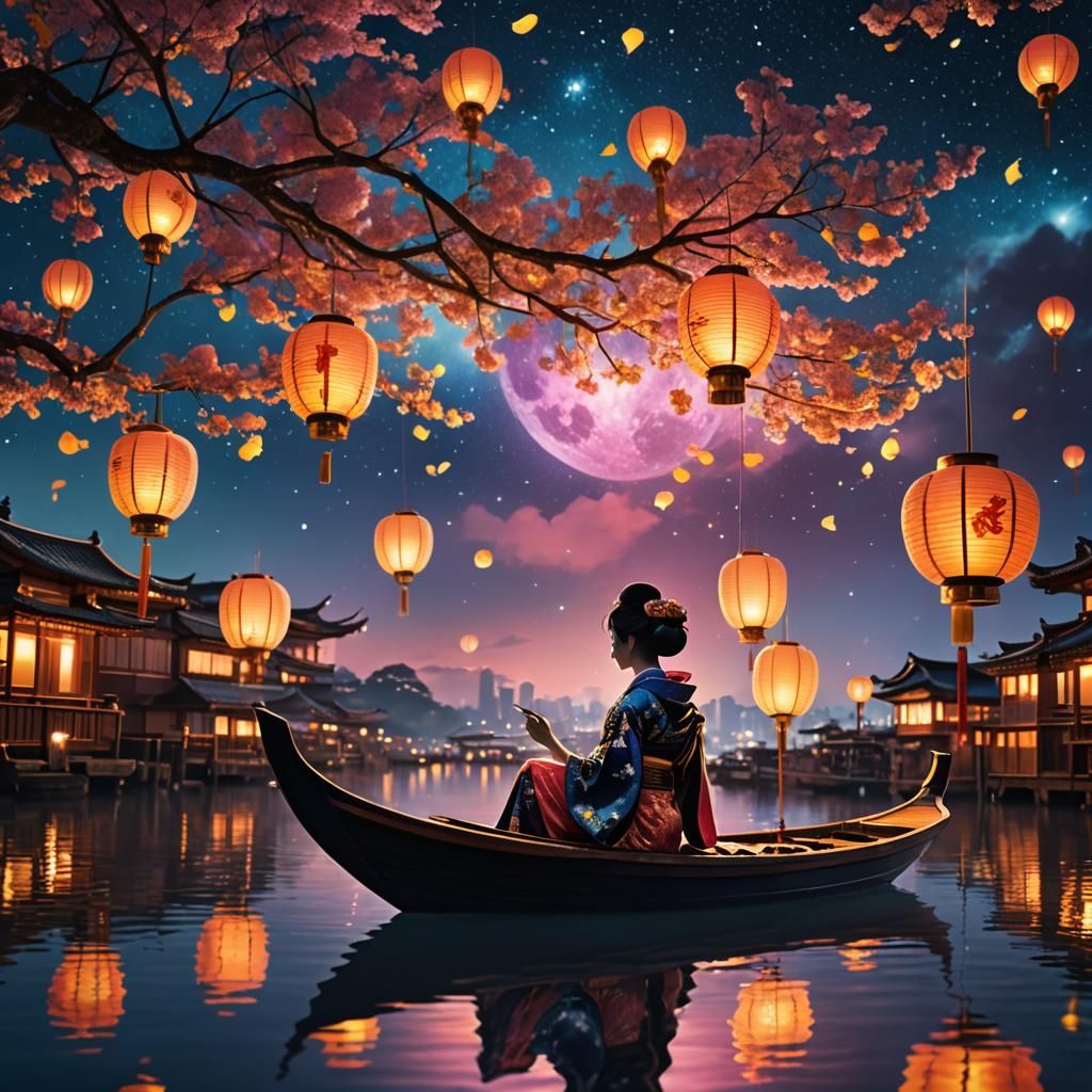 Geisha Silhouette at Lantern Festival in Anime Style