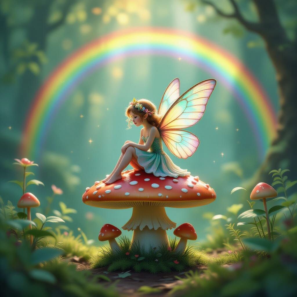 Tiny Fairy on Mushroom Under Rainbow